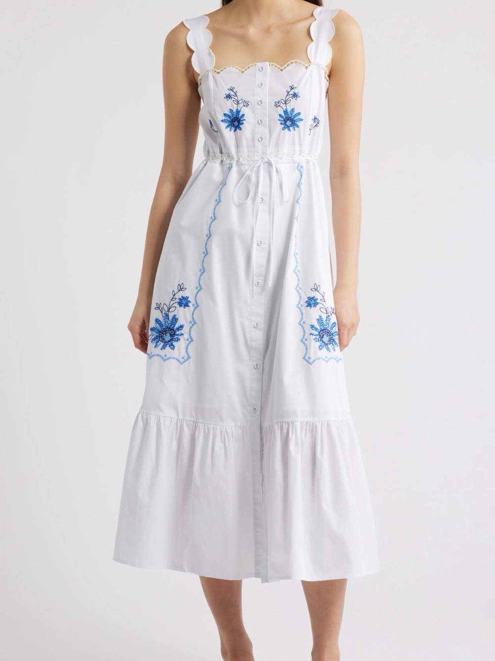 NWT Moon River Floral Embroidered Cotton Maxi Dress White Blue XL $108